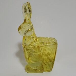 Zabkowice Glass Works Poland Yellow Glass Easter Rabbit Covered Candy Dish